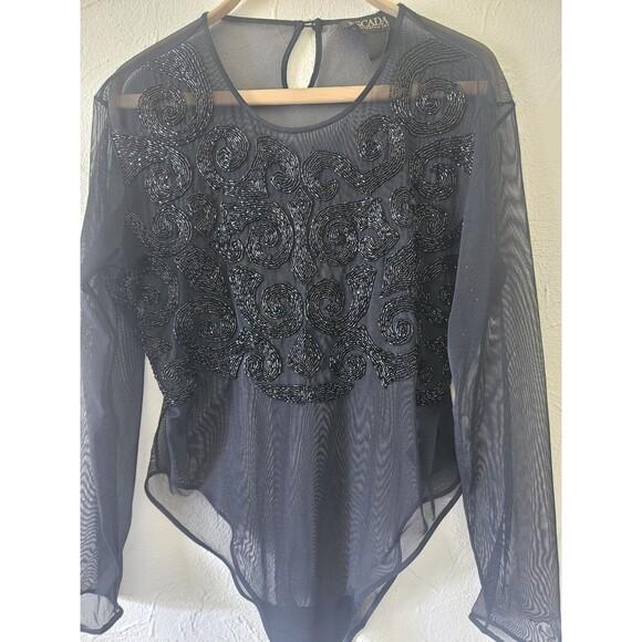Escada Mesh And Beaded Body Suite Vtg Black Size L - Picture 4 of 10